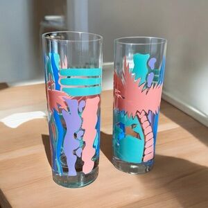 Vintage 80s Tom Collins Palm Trees Post Modern 13oz Highball Glass Tumblers (2)